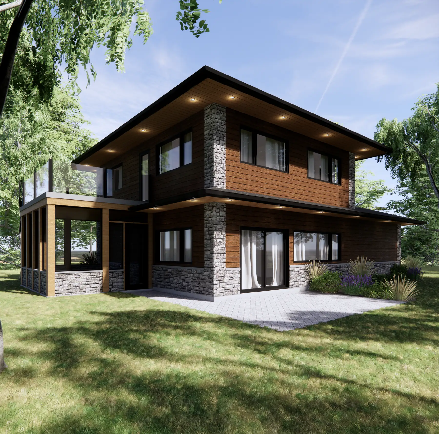 Rendu 3D d'une résidence contemporaine à deux étages, revêtement de bois et de pierre, posée sur une pelouse en lisière de boisé